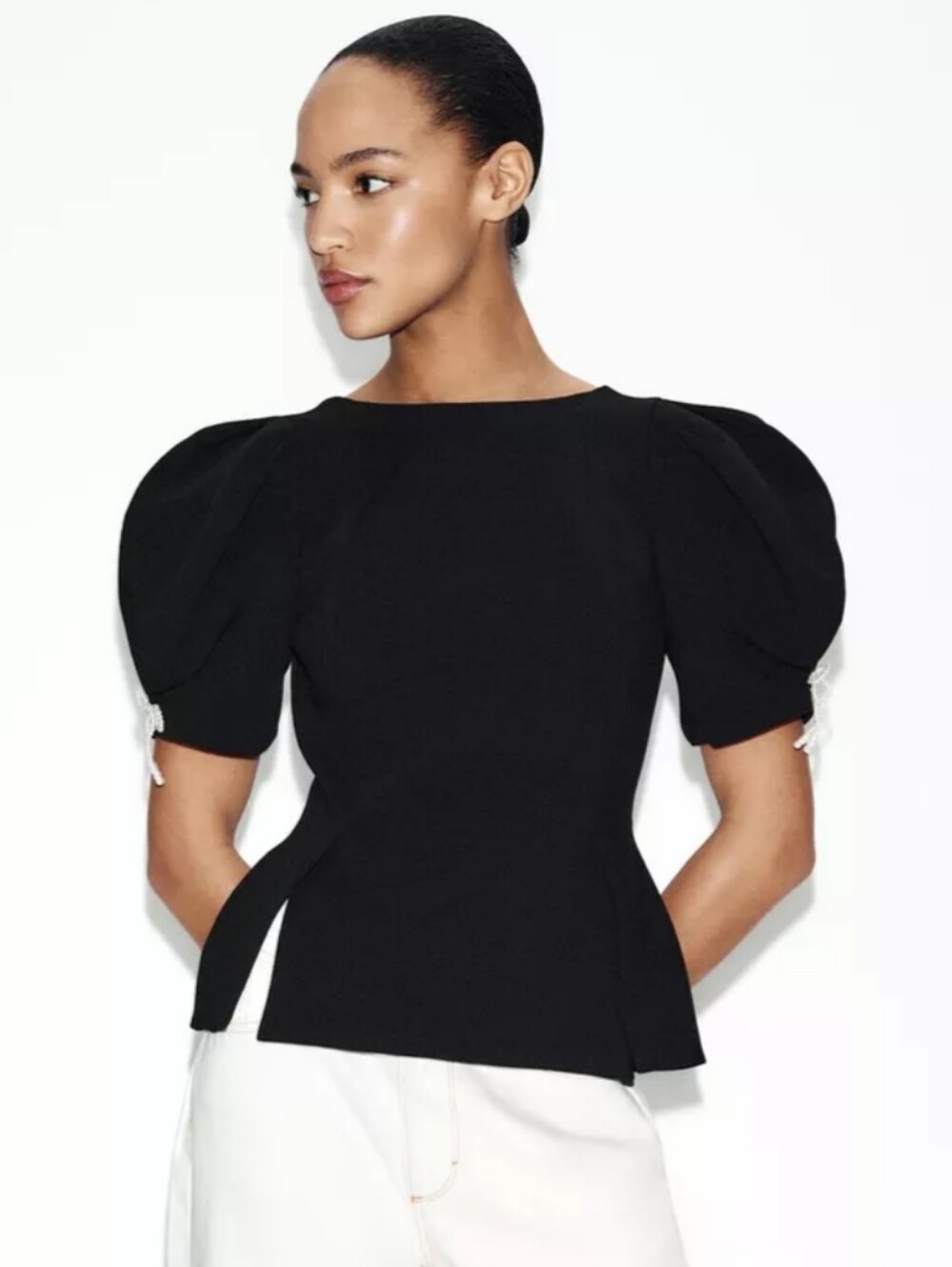 NWT Zara Black Pearl Bow Balloon Puff Sleeve Top Blouse Sz Small